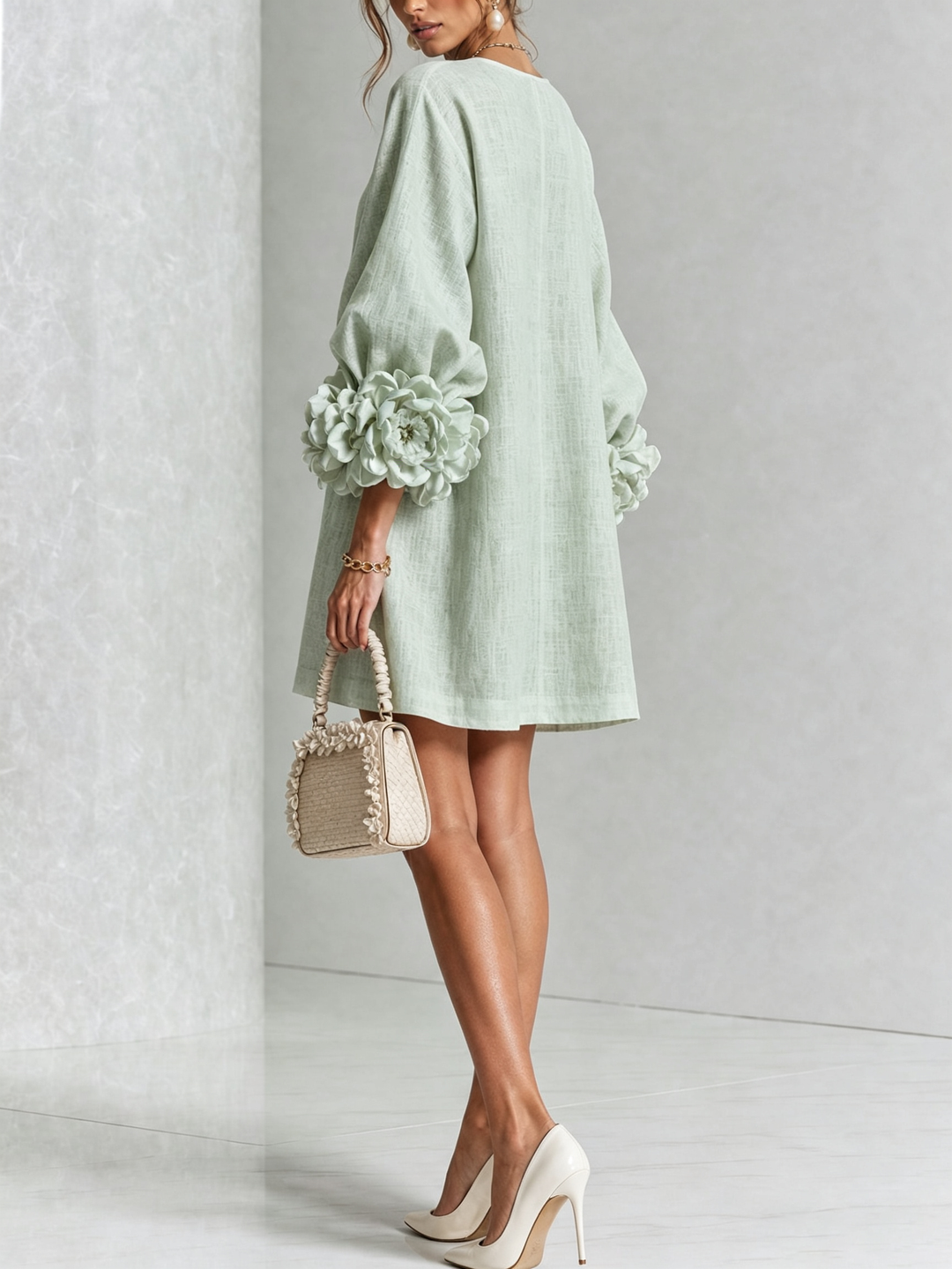 Joséphine | Robe Mini Boutonnée Florale Blanche à Manches Fleuries