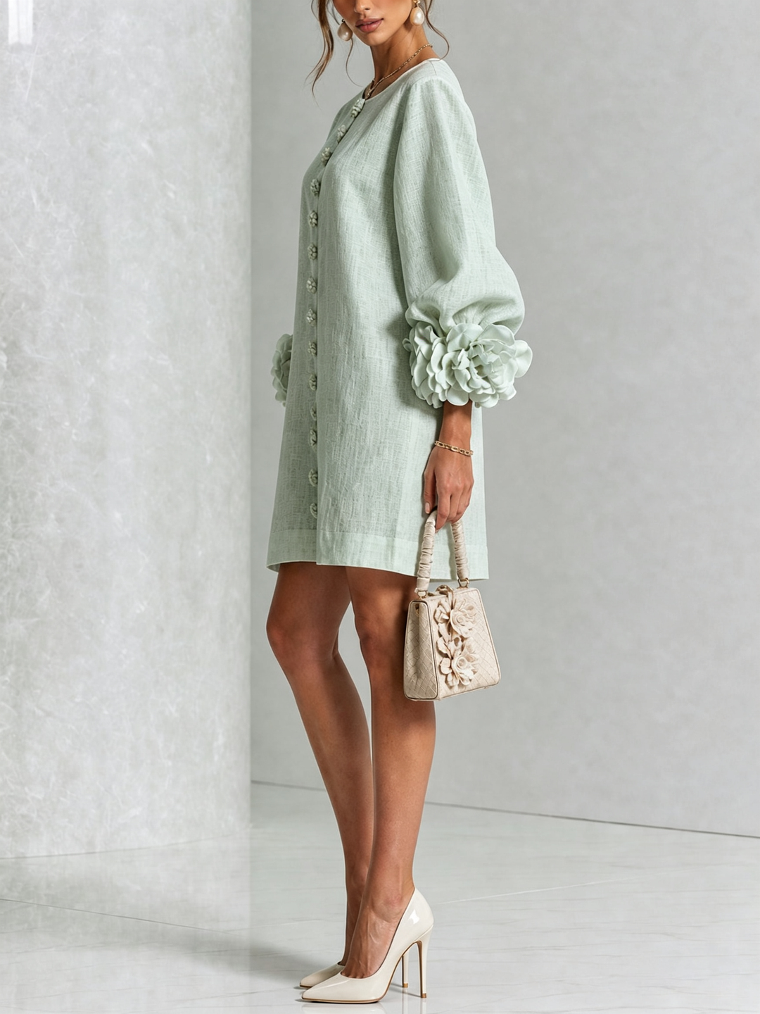 Joséphine | Robe Mini Boutonnée Florale Blanche à Manches Fleuries