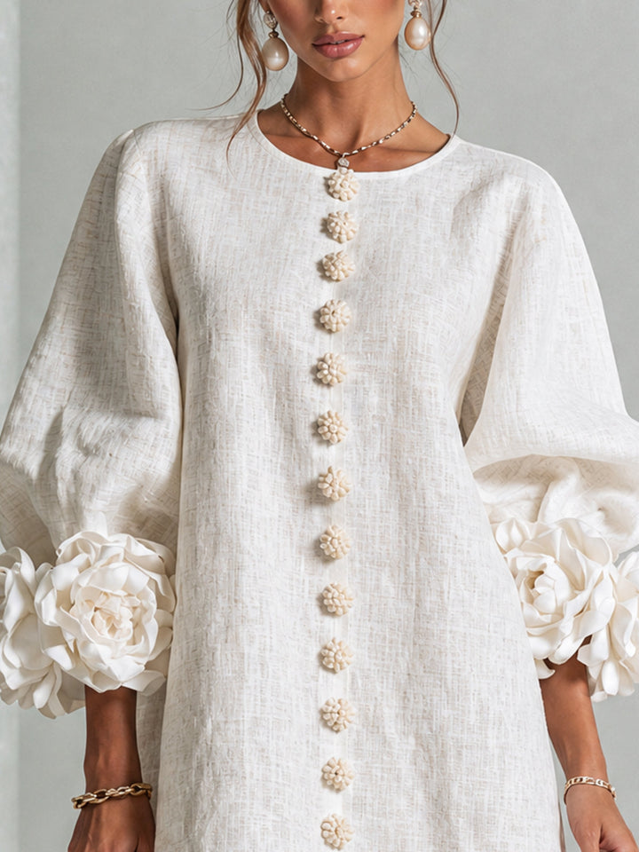 Joséphine | Robe Mini Boutonnée Florale Blanche à Manches Fleuries