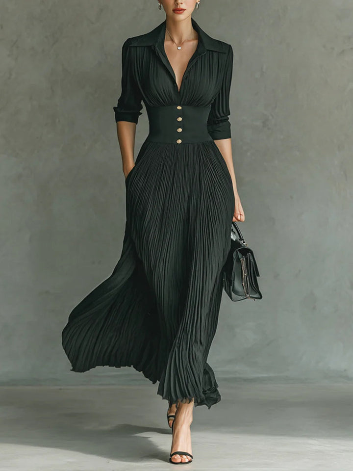 Elvire | Robe Longue Plissée à Revers et Taille Haute
