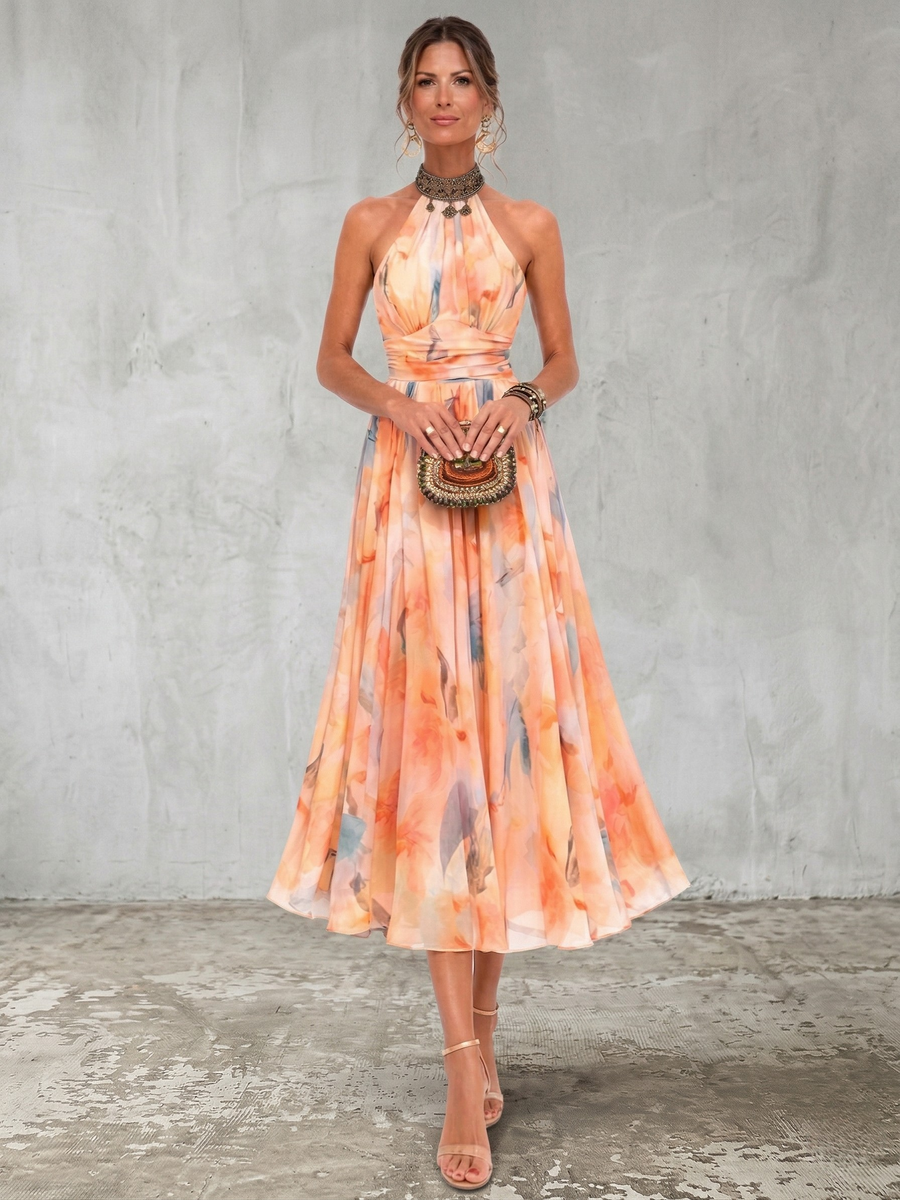 Aurora | Robe à Col Halter et Motif Aquarelle