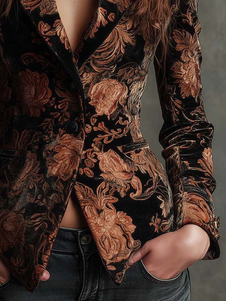 Bertille | Blazer Tailleur Imprimé Fleuri Noir et Bronze