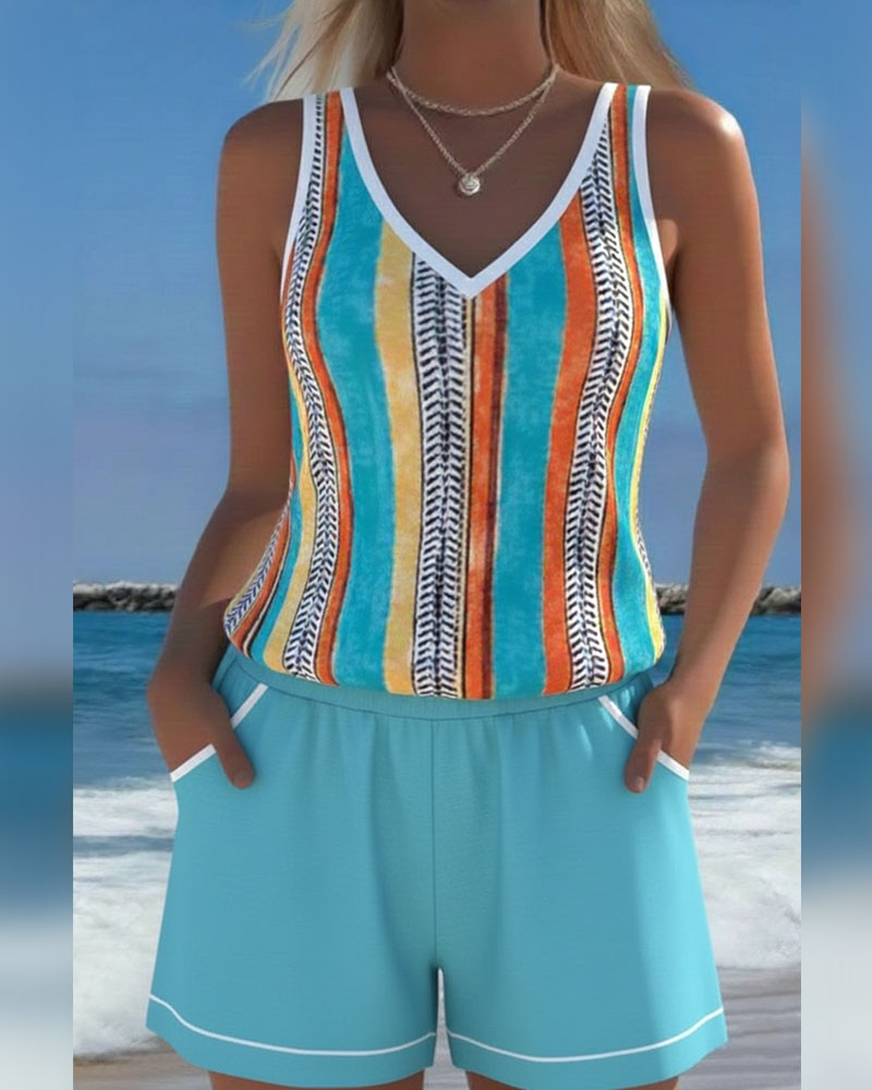 Mia | Tankini à Rayures avec Décolleté en V