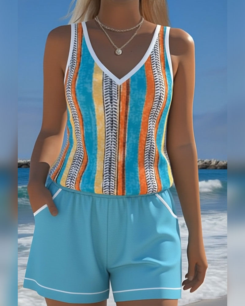 Mia | Tankini à Rayures avec Décolleté en V
