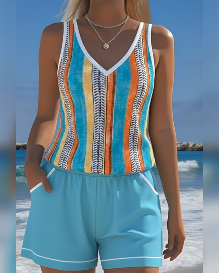 Mia | Tankini à Rayures avec Décolleté en V