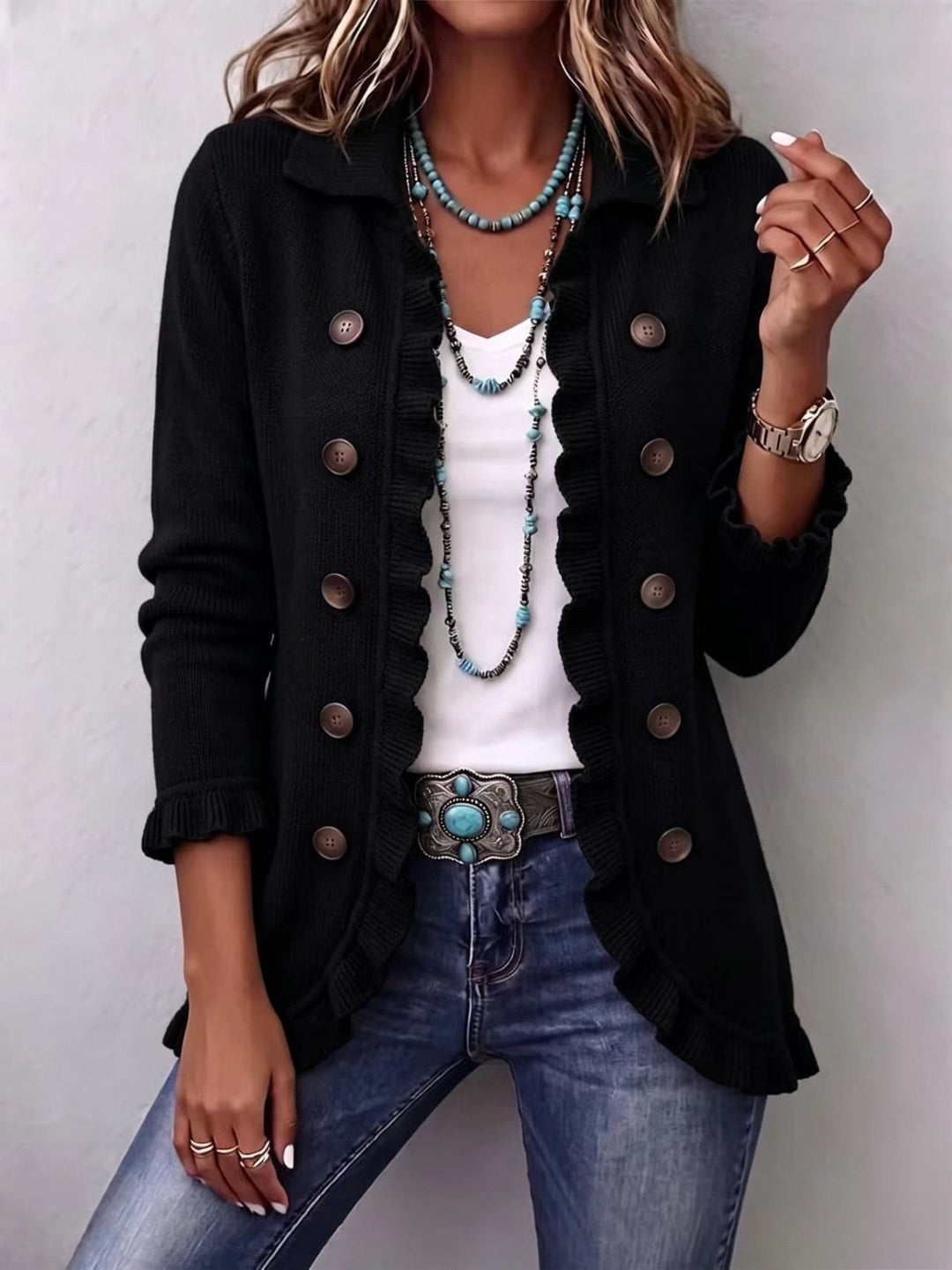 Camille | Veste Ruffle en Maille Côtelée Noir Jais