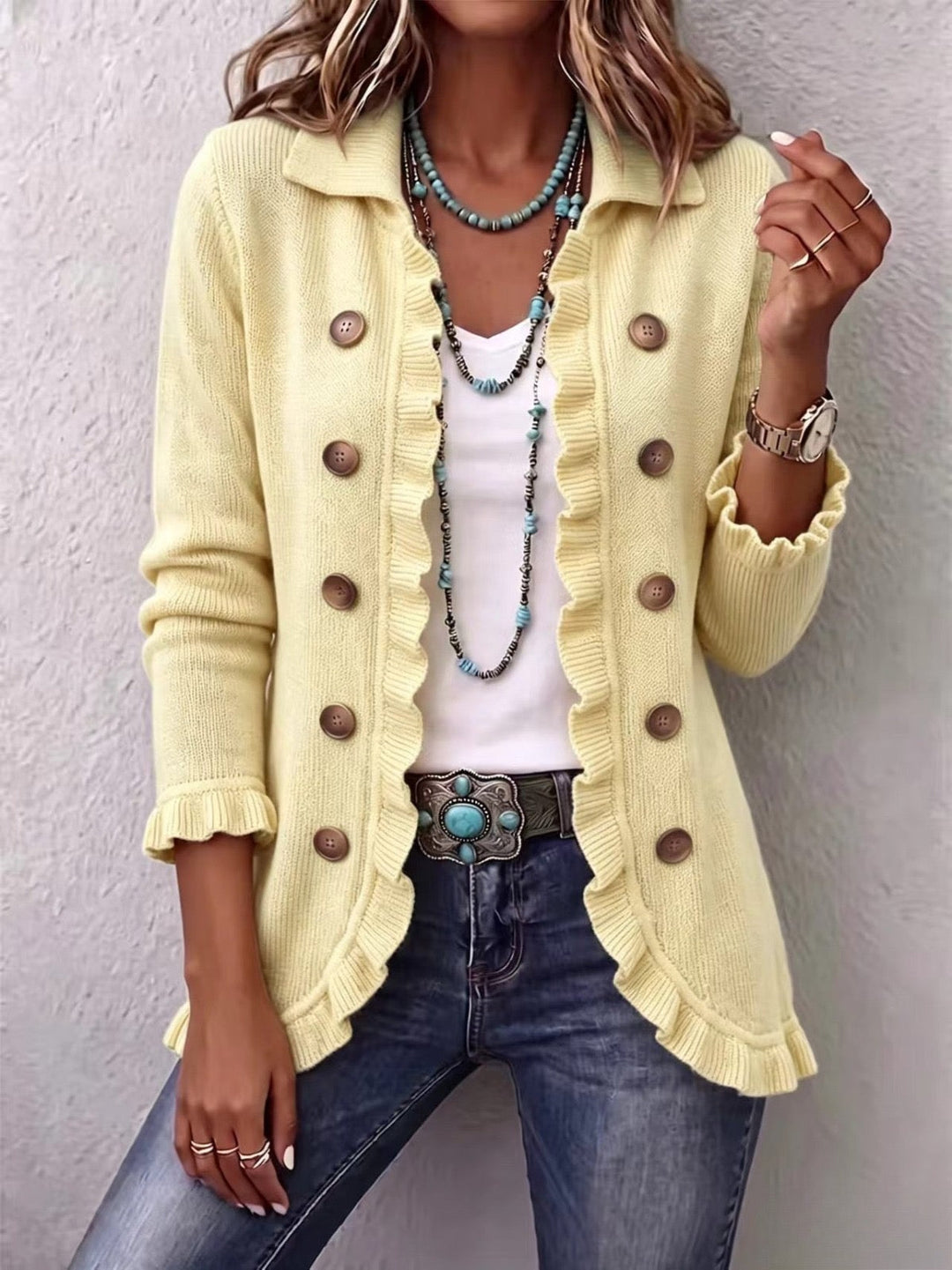Lillian | Veste à volants en tricot côtelé couleur crème