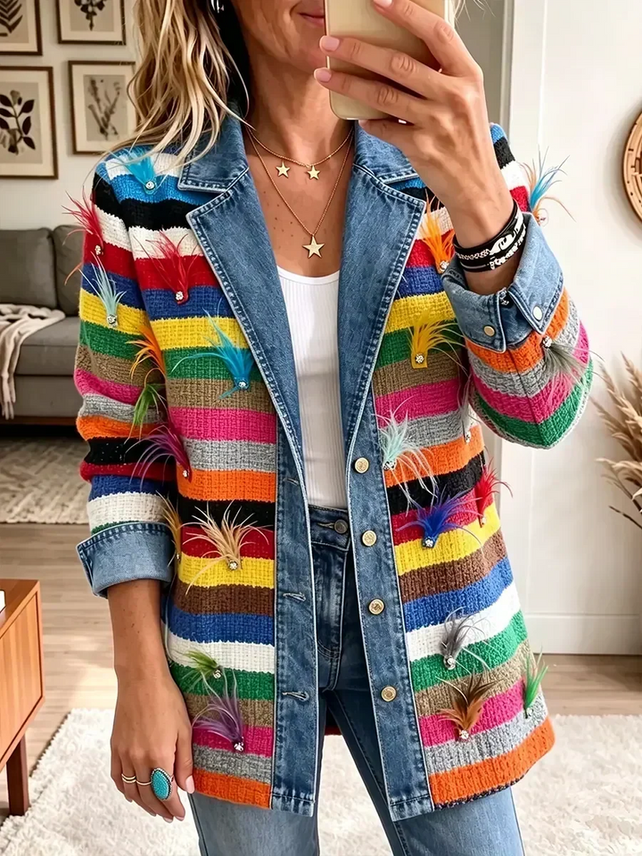 Reta™ | Veste en Jean avec Imprimé Plumes Rayé